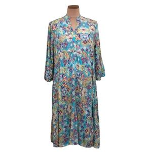 Yolly Italy Midi Dress One Size Blue Floral Print Bell Sleeve